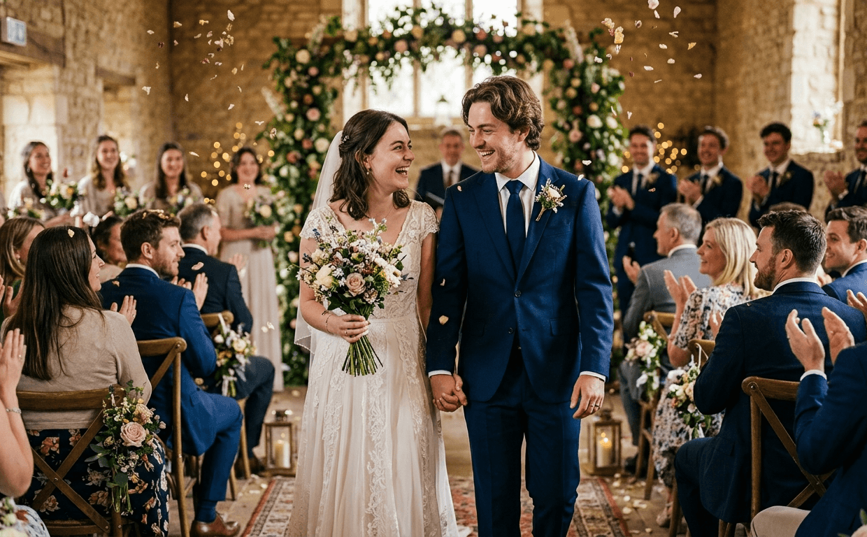 Bride and groom walking down the aisle